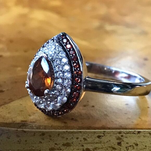 Natural Orange Garnet Sterling Silver Teardrop Ring Size 9 - Picture 8 of 9
